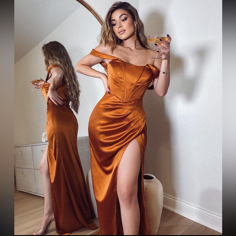 Stunning Amber/Rust Emerson Satin Wedding Guest Gown